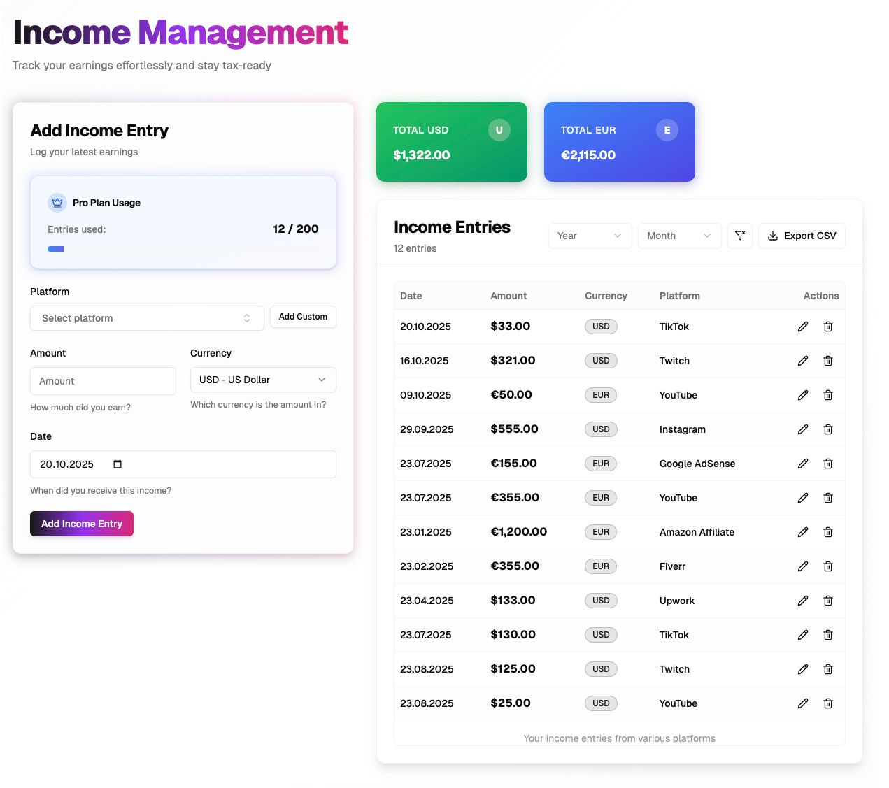 Easy income entry form for professionals