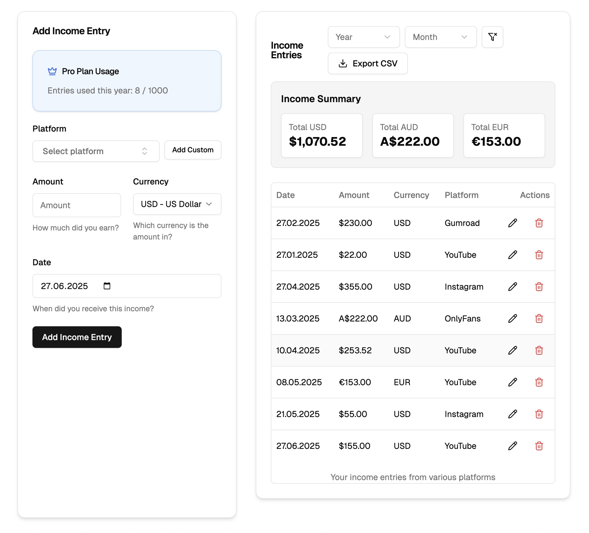 Easy income entry form for professionals